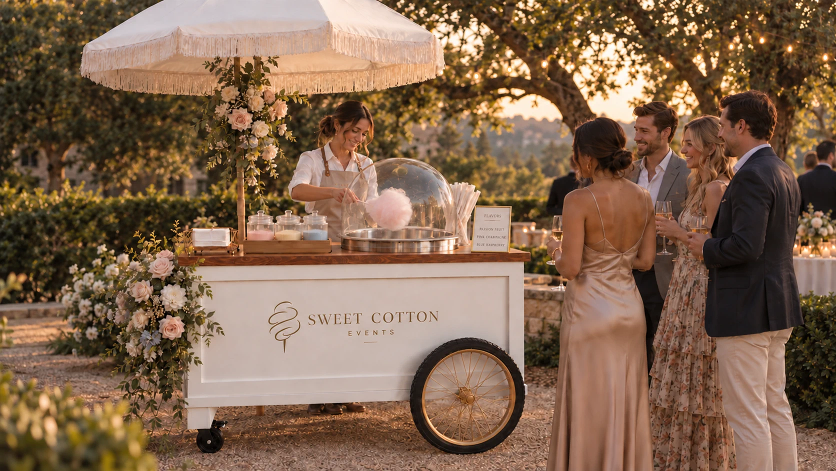 Sweet Cotton Events cotton candy cart at a golden-hour private event in Austin, Texas